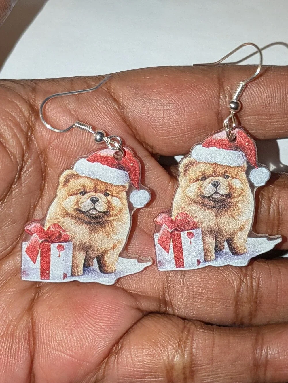 Hand Crafted Festive Red Santa Hat Chow Chow Dog Dangle Earrings